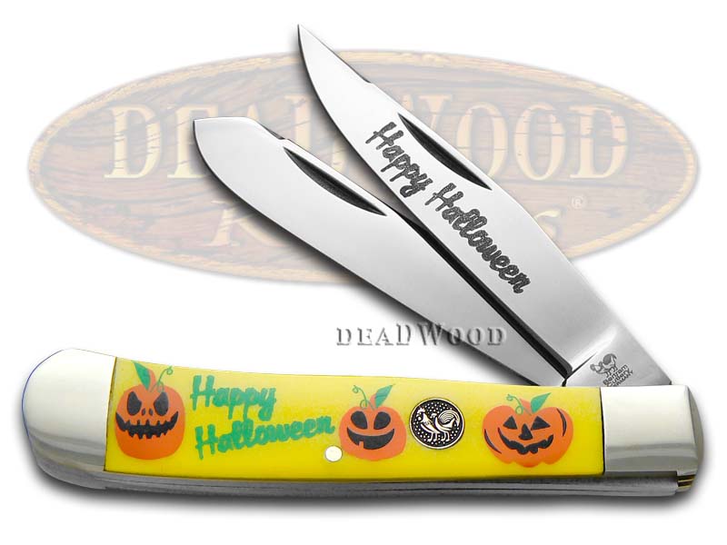 Hen & Rooster Happy Halloween Yellow Delrin Trapper Stainless Pocket Knife