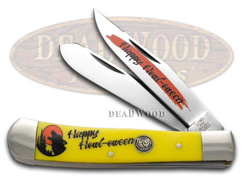 Hen & Rooster Happy Howl-oween Yellow Delrin Trapper Stainless Pocket Knife