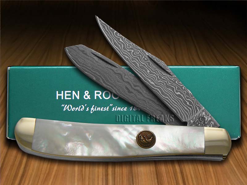 Hen & Rooster Hr412mopdm Mother of Pearl Damascus 2 Blade Folding Trapper Knife for sale online