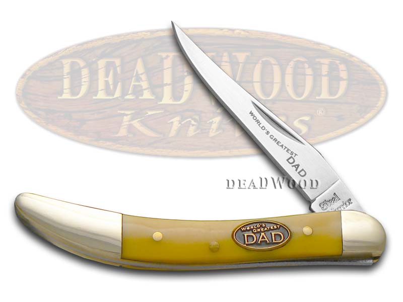 Steel Warrior World's Greatest Dad Yellow Celluloid Small Toothpick Stainless Pocket Knife